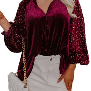 Women's Red Velvet Top with Sequin Patchwork Sleeves - Button Up Style - Main View
