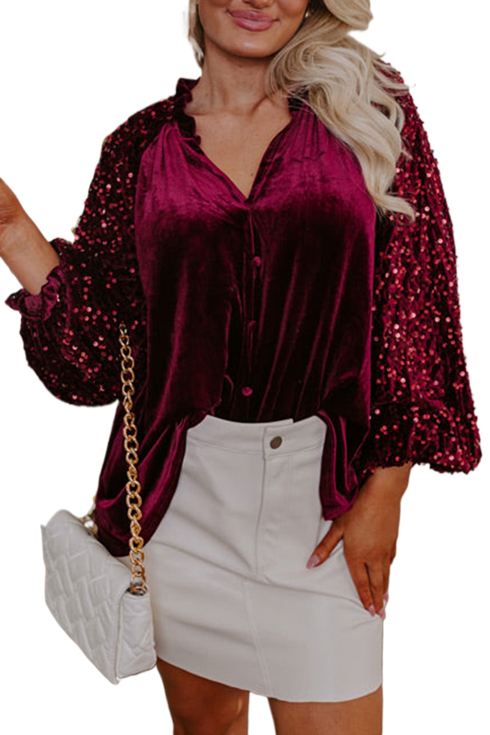 Women's Red Velvet Top with Sequin Patchwork Sleeves - Button Up Style - Main View Women's Red Velvet Top with Sequin Patchwork Sleeves - Button Up Style - Main View