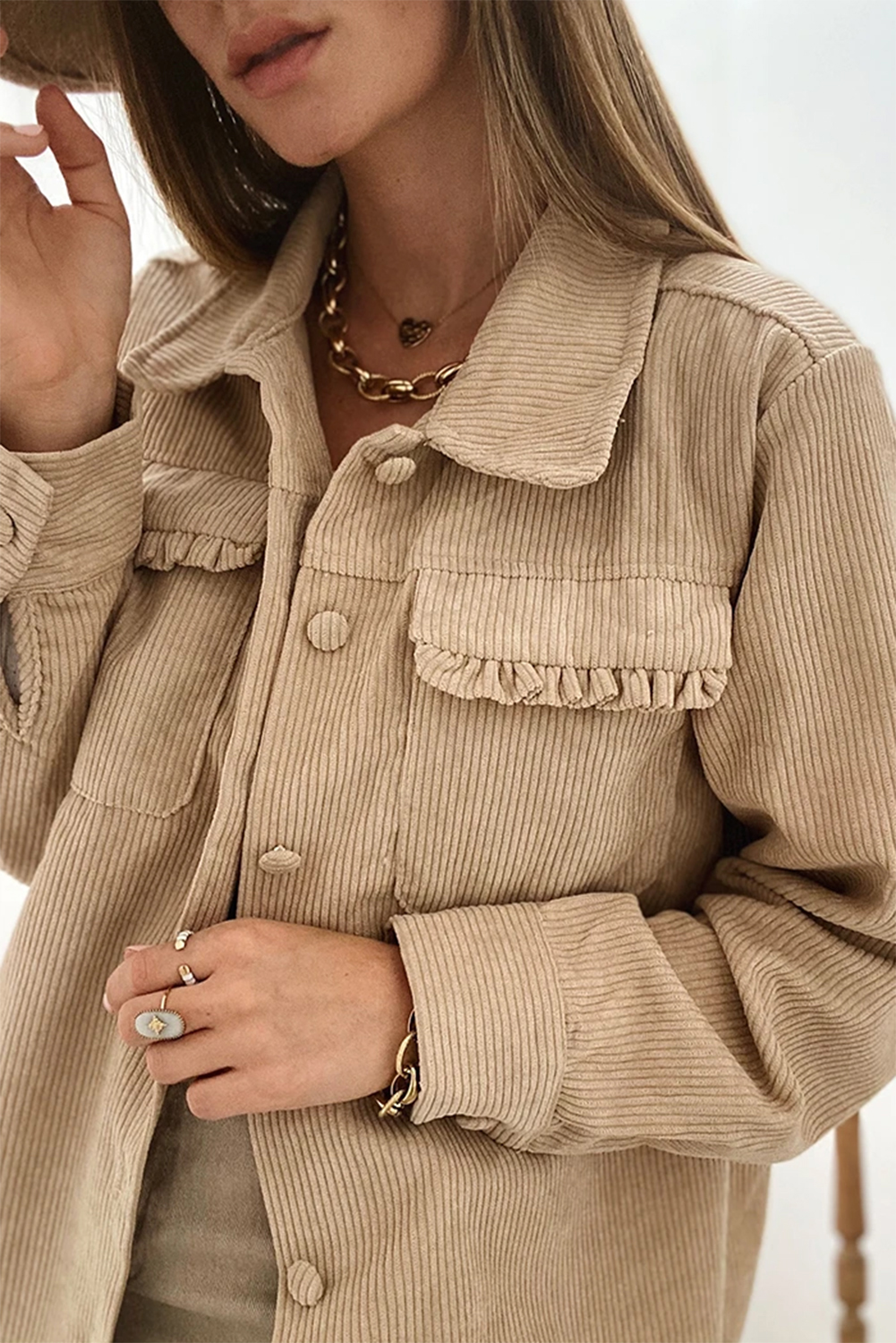 Women's Light French Beige Solid Corduroy Shacket with Frilled Flap Pocket - Detail View 6 Women's Light French Beige Solid Corduroy Shacket with Frilled Flap Pocket - Detail View 6