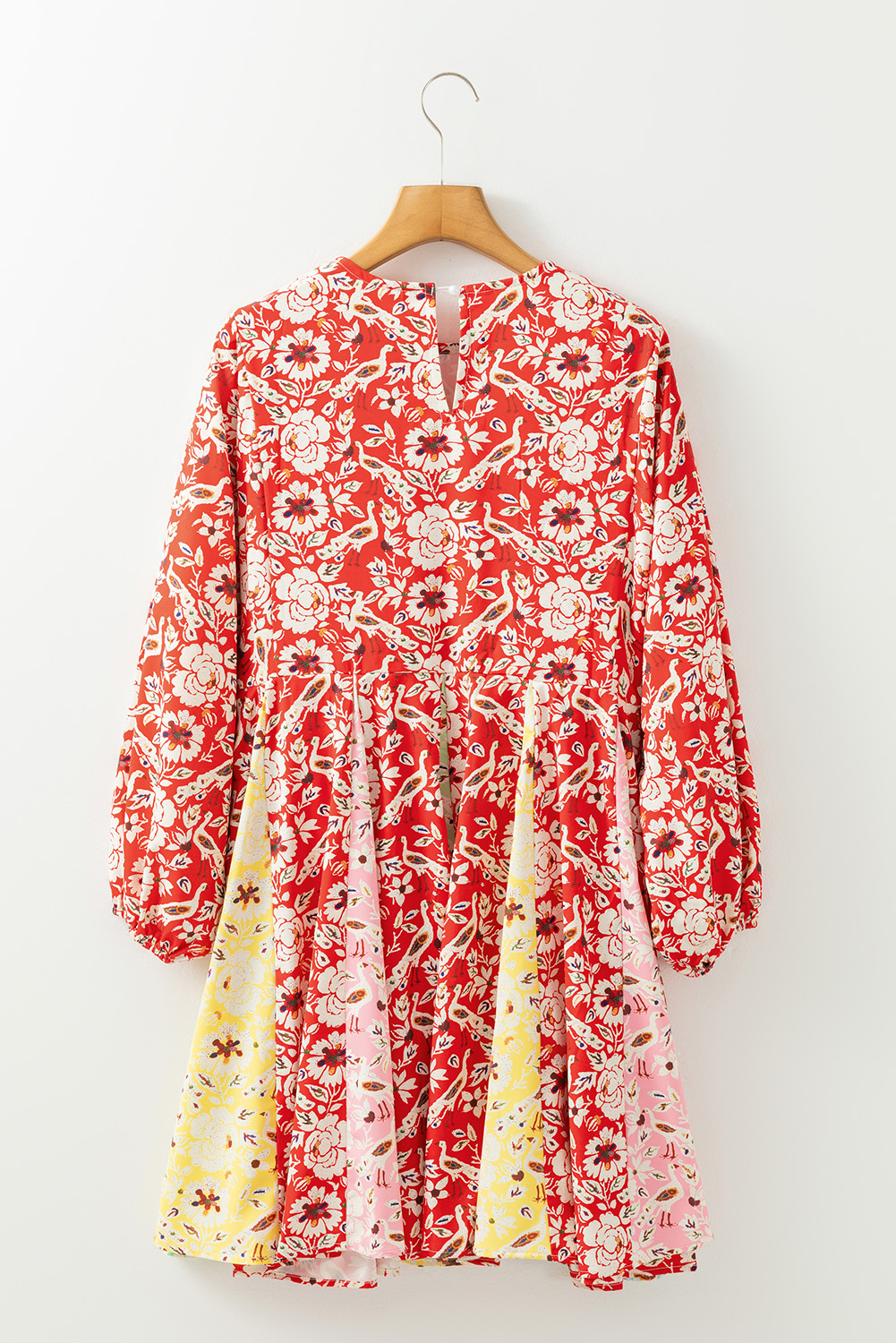 Chic Bohemian Style Red Floral Patchwork Dress with Pleated Details - Detail View 6 Chic Bohemian Style Red Floral Patchwork Dress with Pleated Details - Detail View 6