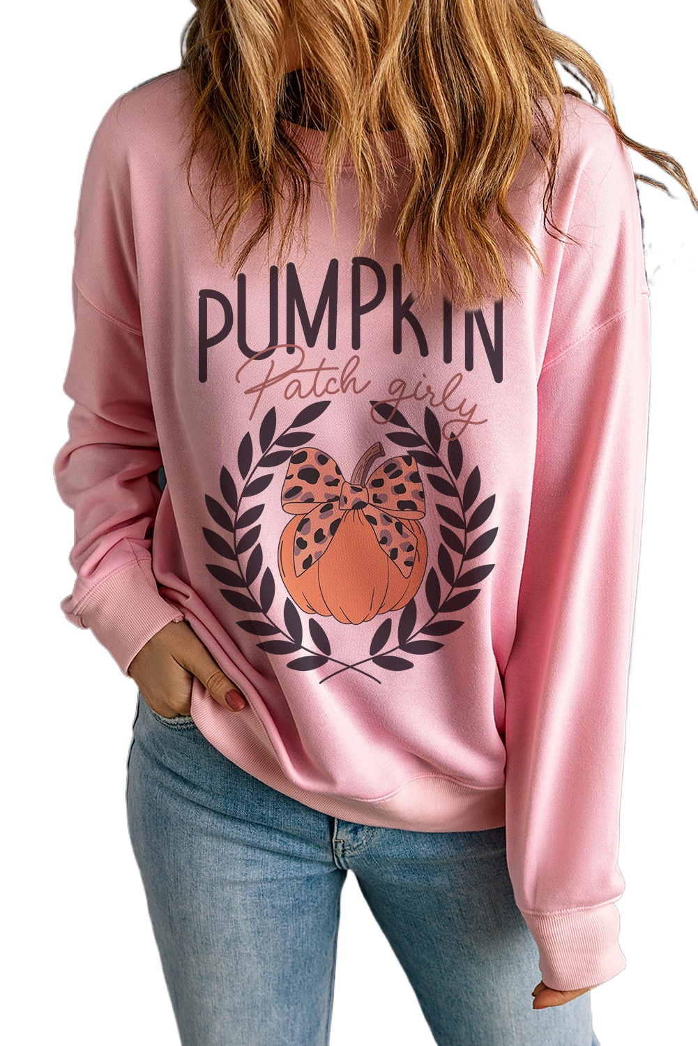 Women's Pink Leopard Bowknot Pumpkin Graphic Halloween Sweatshirt - Main View Women's Pink Leopard Bowknot Pumpkin Graphic Halloween Sweatshirt - Main View