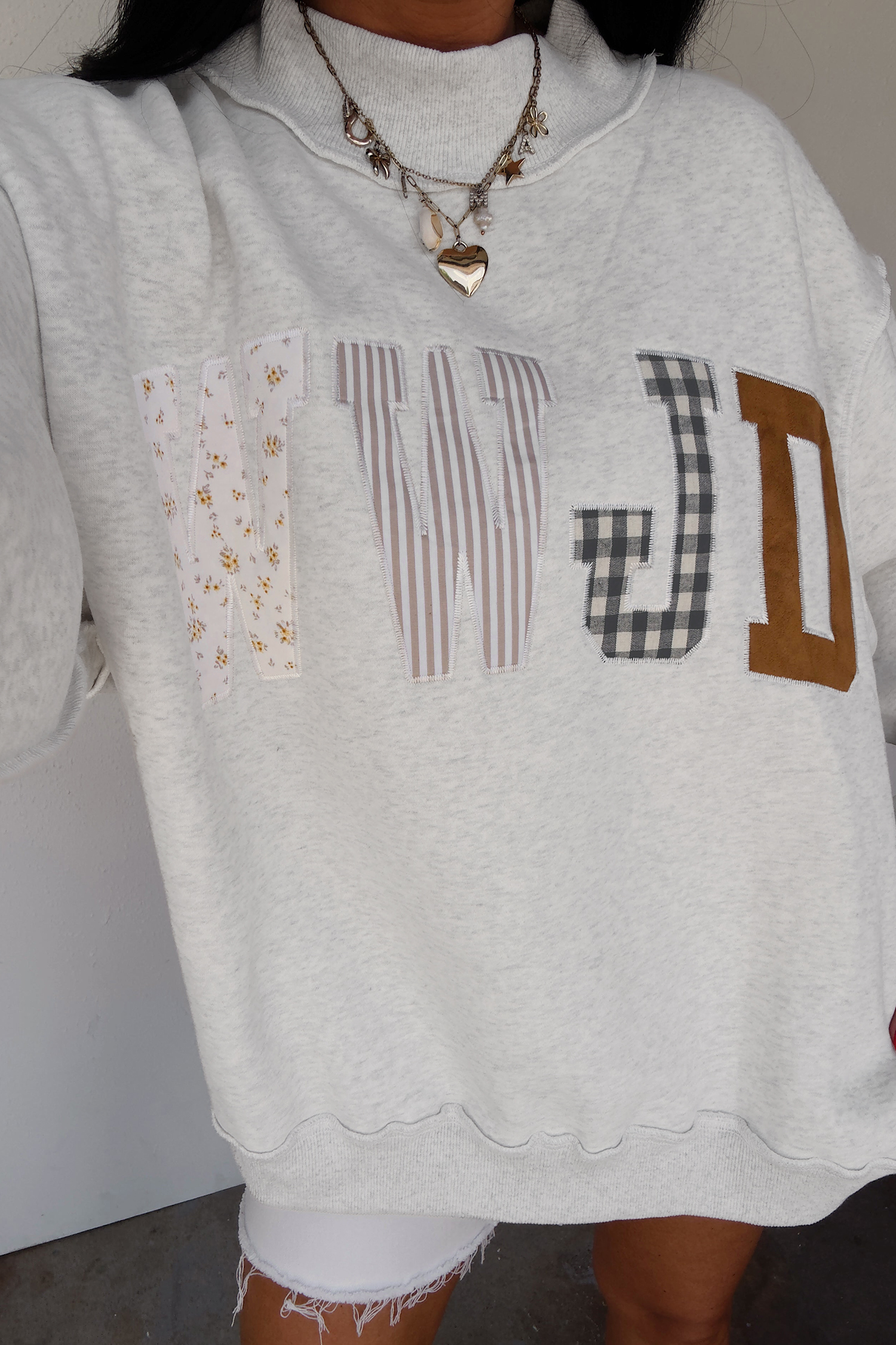 WWJD Patch Graphic Sweatshirt, Trendy Women Mock Neck Top - Detail View 2 WWJD Patch Graphic Sweatshirt, Trendy Women Mock Neck Top - Detail View 2
