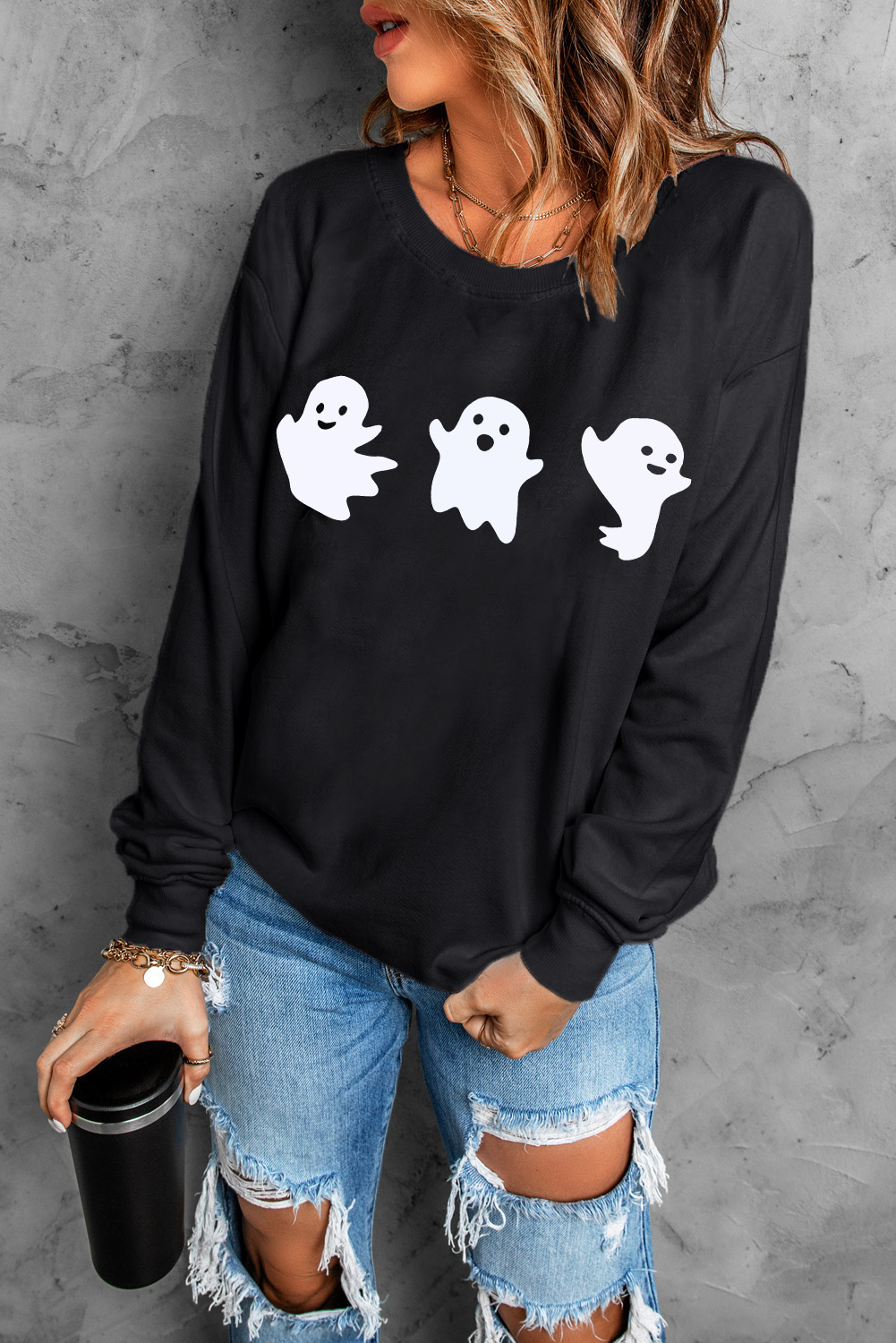 Playful Halloween Graphic Sweatshirt - Black with Ghosts Print - Detail View 12 Playful Halloween Graphic Sweatshirt - Black with Ghosts Print - Detail View 12