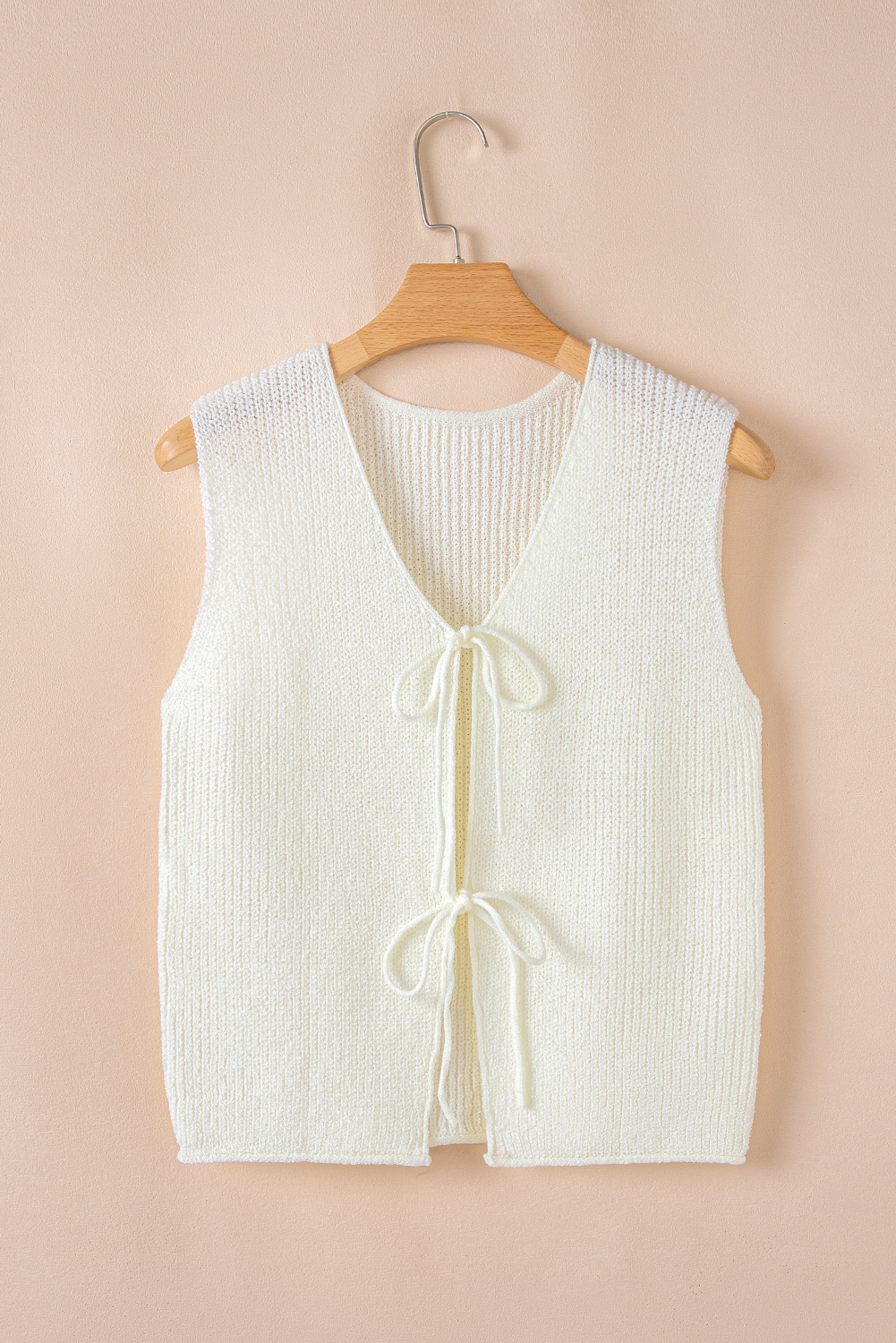Women's Beige Sweater Vest, Tie Front Casual Knit Top - Detail View 7 Women's Beige Sweater Vest, Tie Front Casual Knit Top - Detail View 7