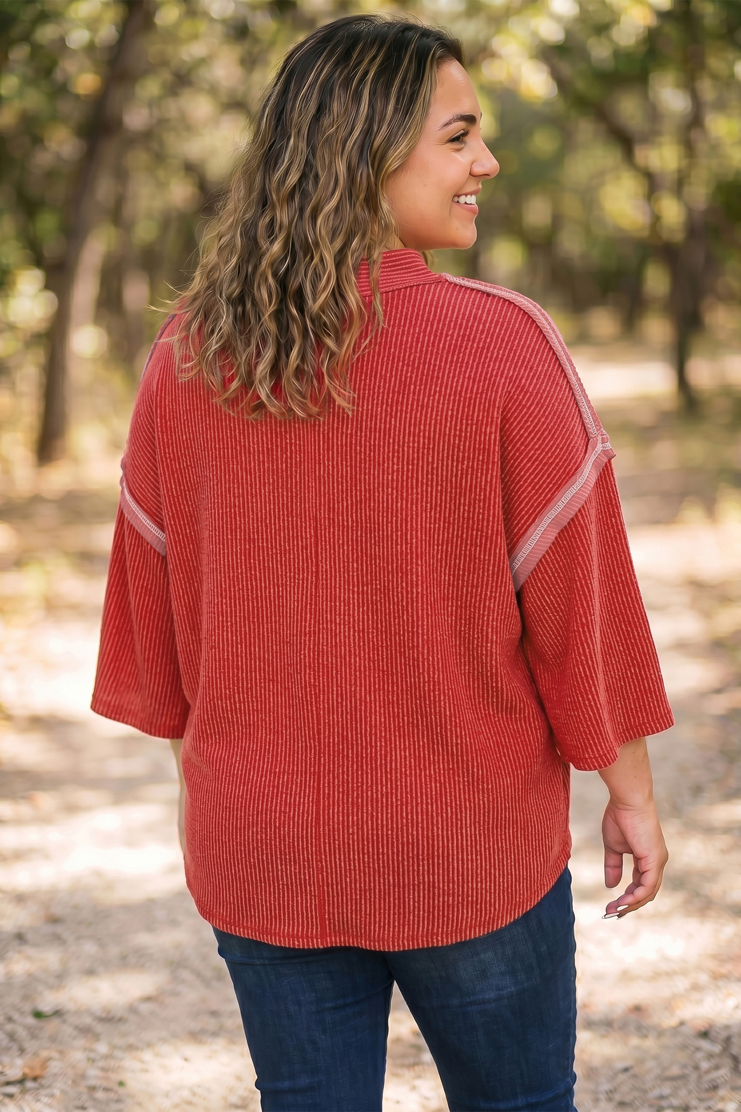 Women's Corded Rib Blouse, Fiery Red Round Neck Tunic - Detail View 2 Women's Corded Rib Blouse, Fiery Red Round Neck Tunic - Detail View 2