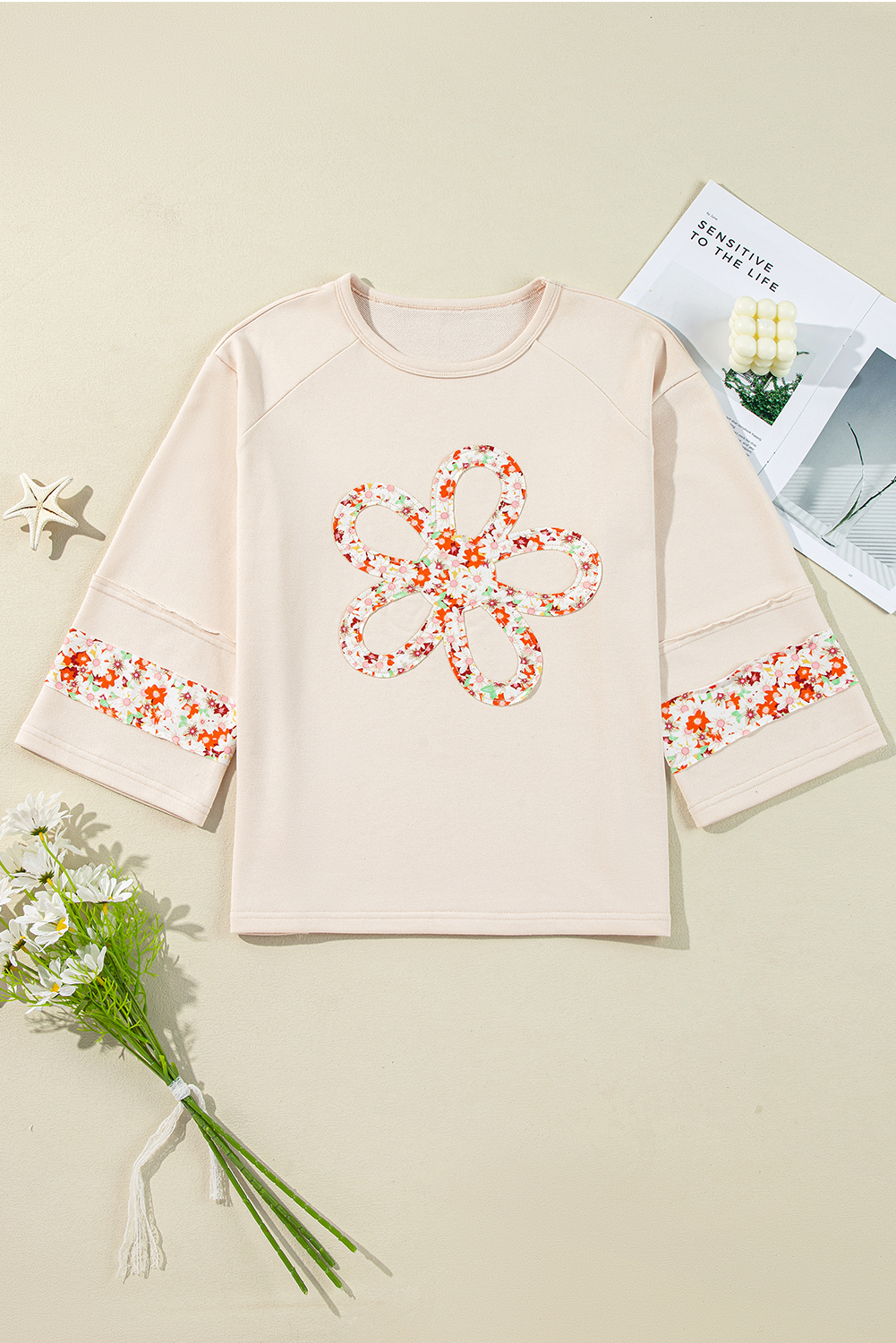 Casual Graphic Top with Exposed Seam and Flower Design - Beige - Detail View 7 Casual Graphic Top with Exposed Seam and Flower Design - Beige - Detail View 7