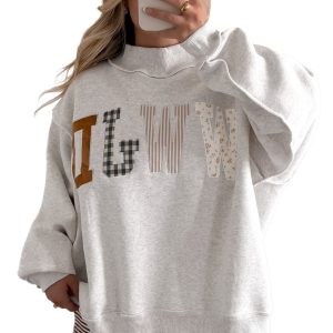 Gray Mock Neck WWJD Sweatshirt, Casual Women Oversized Top - Main View