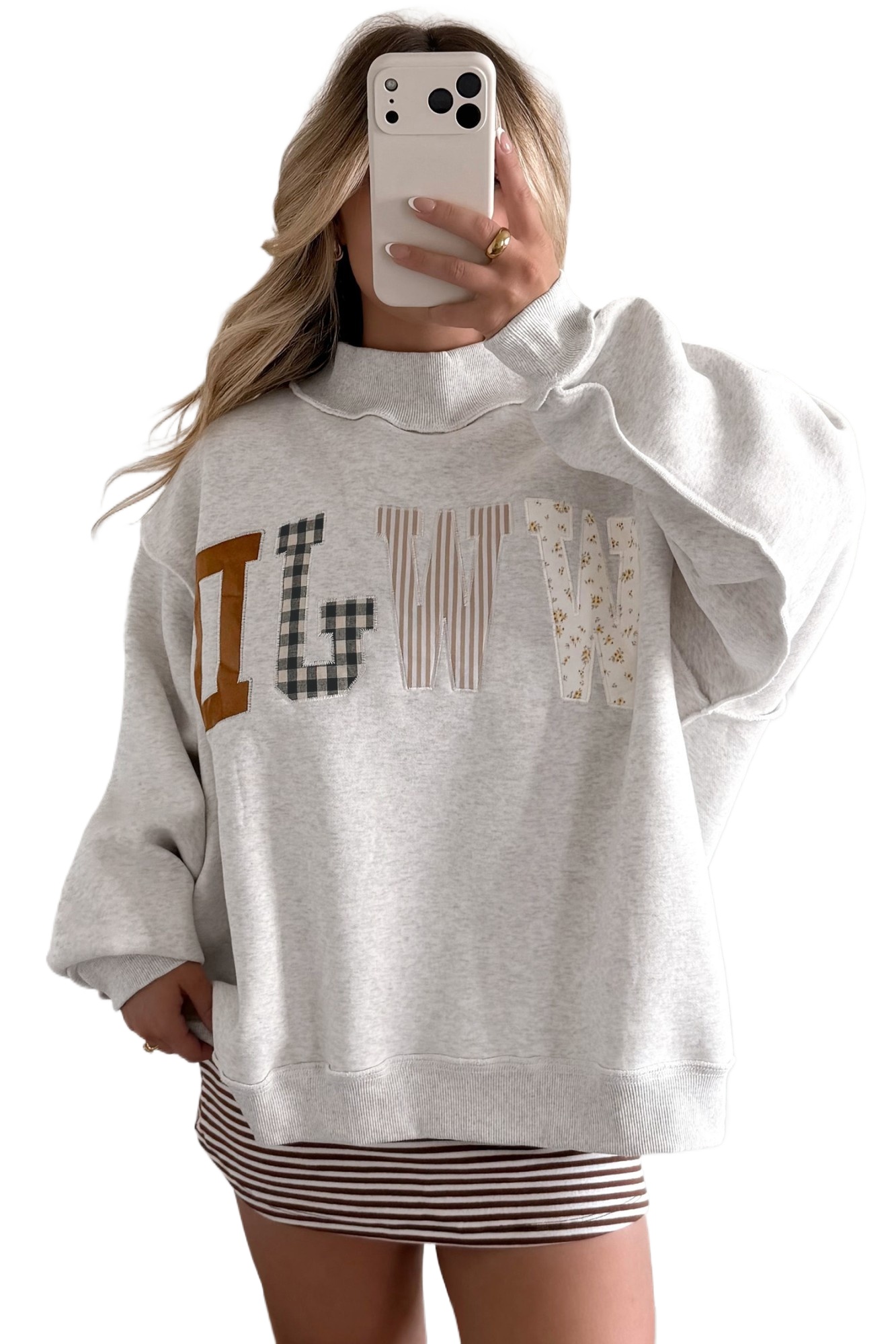Gray Mock Neck WWJD Sweatshirt, Casual Women Oversized Top - Main View Gray Mock Neck WWJD Sweatshirt, Casual Women Oversized Top - Main View