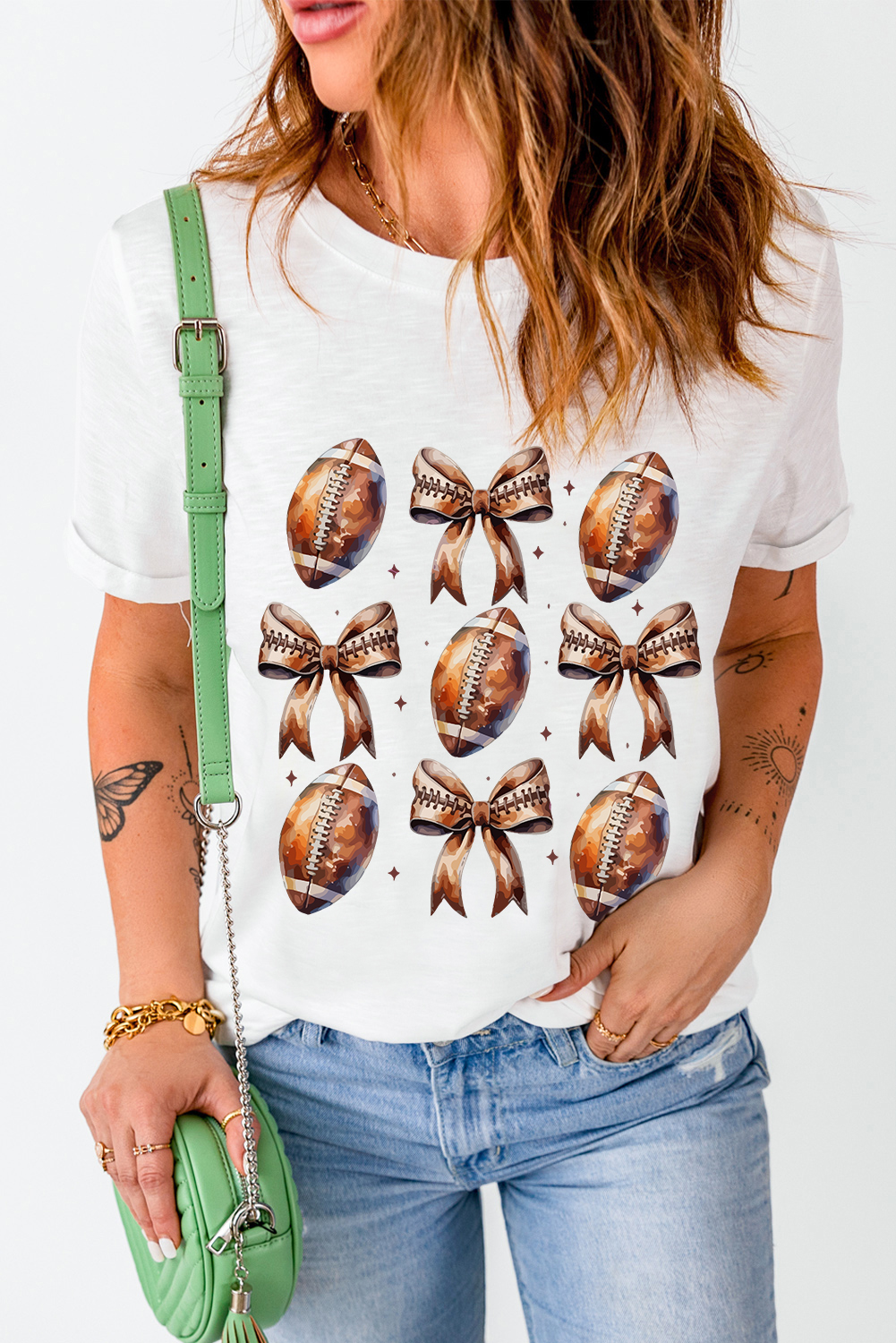 Women's White Rugby Football Bow Printed Game Day T-Shirt - Cute and Casual - Detail View 9 Women's White Rugby Football Bow Printed Game Day T-Shirt - Cute and Casual - Detail View 9