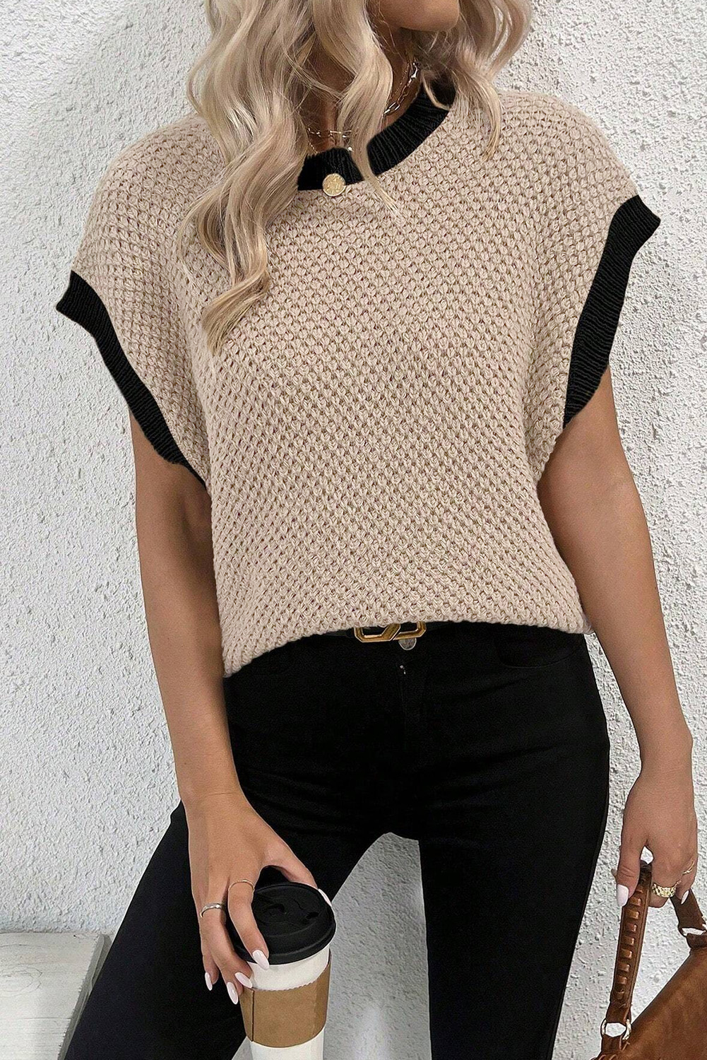 Chic Light French Beige Sweater with Batwing Sleeves and Contrast Trim - Detail View 7 Chic Light French Beige Sweater with Batwing Sleeves and Contrast Trim - Detail View 7