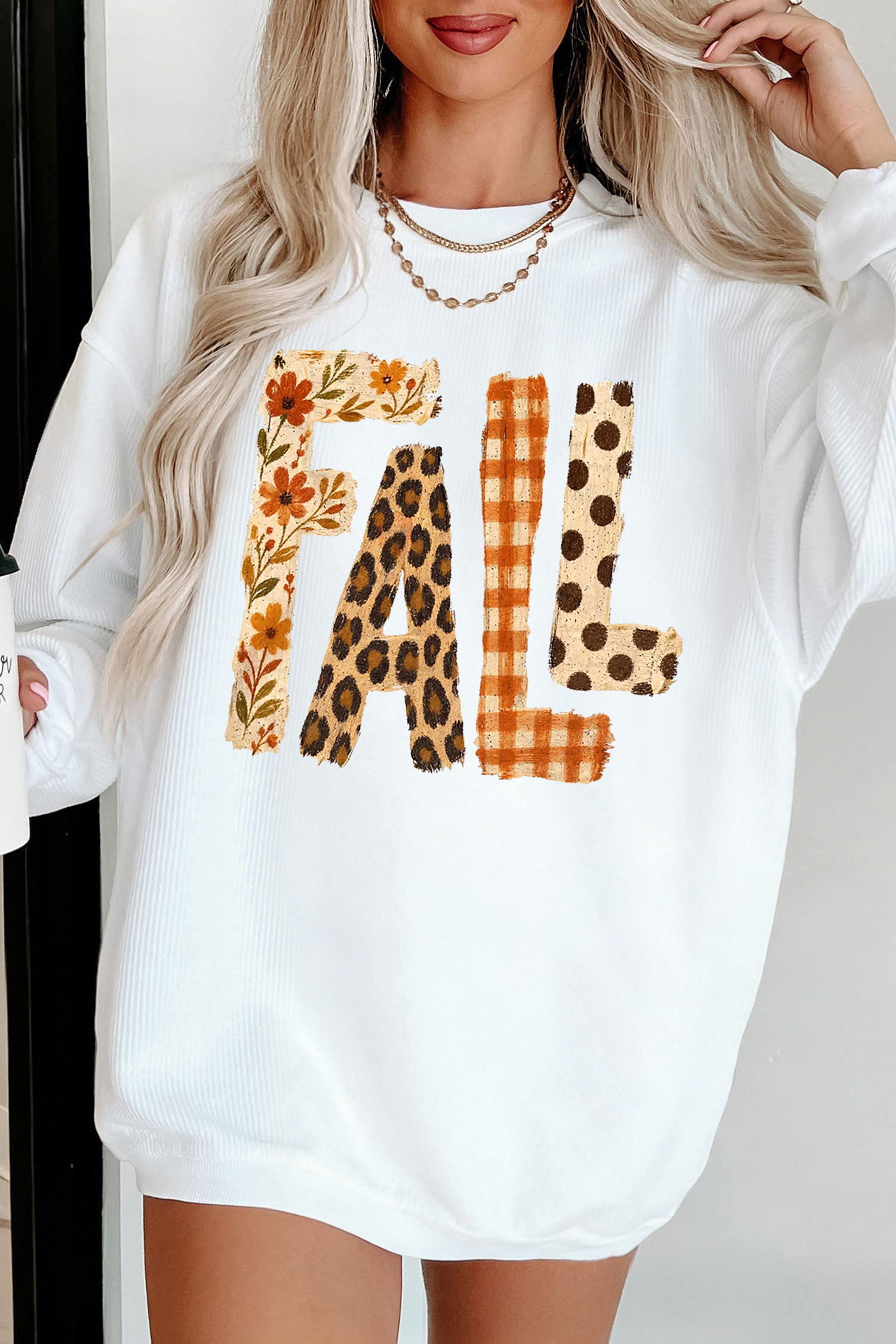 White Corded Fall Sweatshirt, Letter Pattern Long Sleeve Tee - Detail View 5 White Corded Fall Sweatshirt, Letter Pattern Long Sleeve Tee - Detail View 5