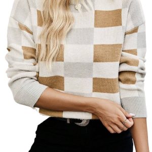 Women's Khaki Checkered Ribbed Edge O Neck Drop Shoulder Sweater - Main View