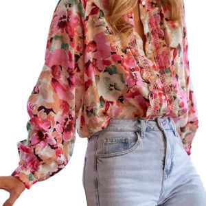 Women's Red Floral Print Ruffled Stitch Loose Fit Shirt - Main View