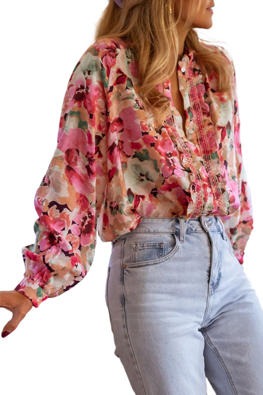 Women's Red Floral Print Ruffled Stitch Loose Fit Shirt - Main View Women's Red Floral Print Ruffled Stitch Loose Fit Shirt - Main View