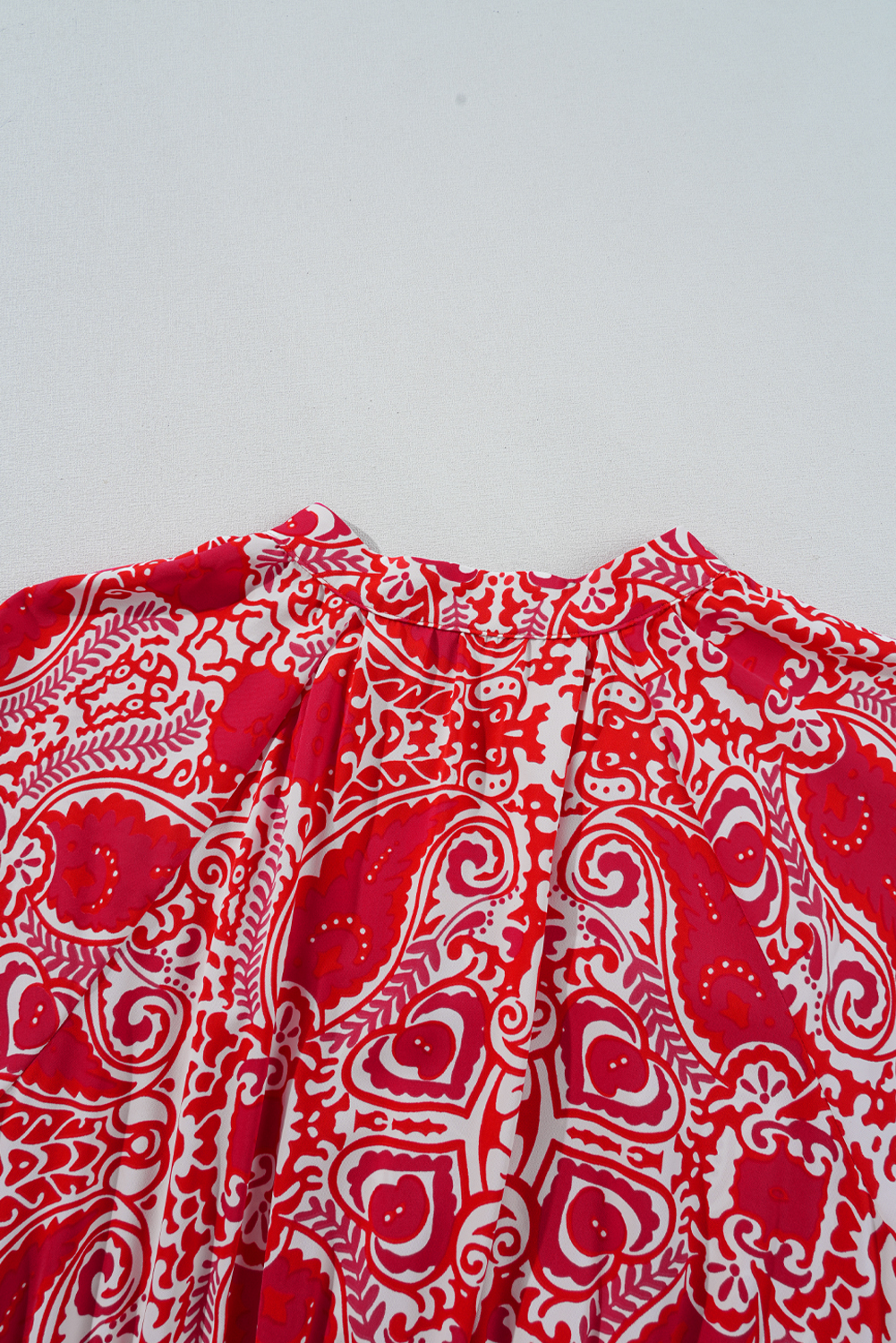 Women's Red Paisley Print Puff Sleeve High Waist Maxi Dress with Side Slit - Detail View 9 Women's Red Paisley Print Puff Sleeve High Waist Maxi Dress with Side Slit - Detail View 9