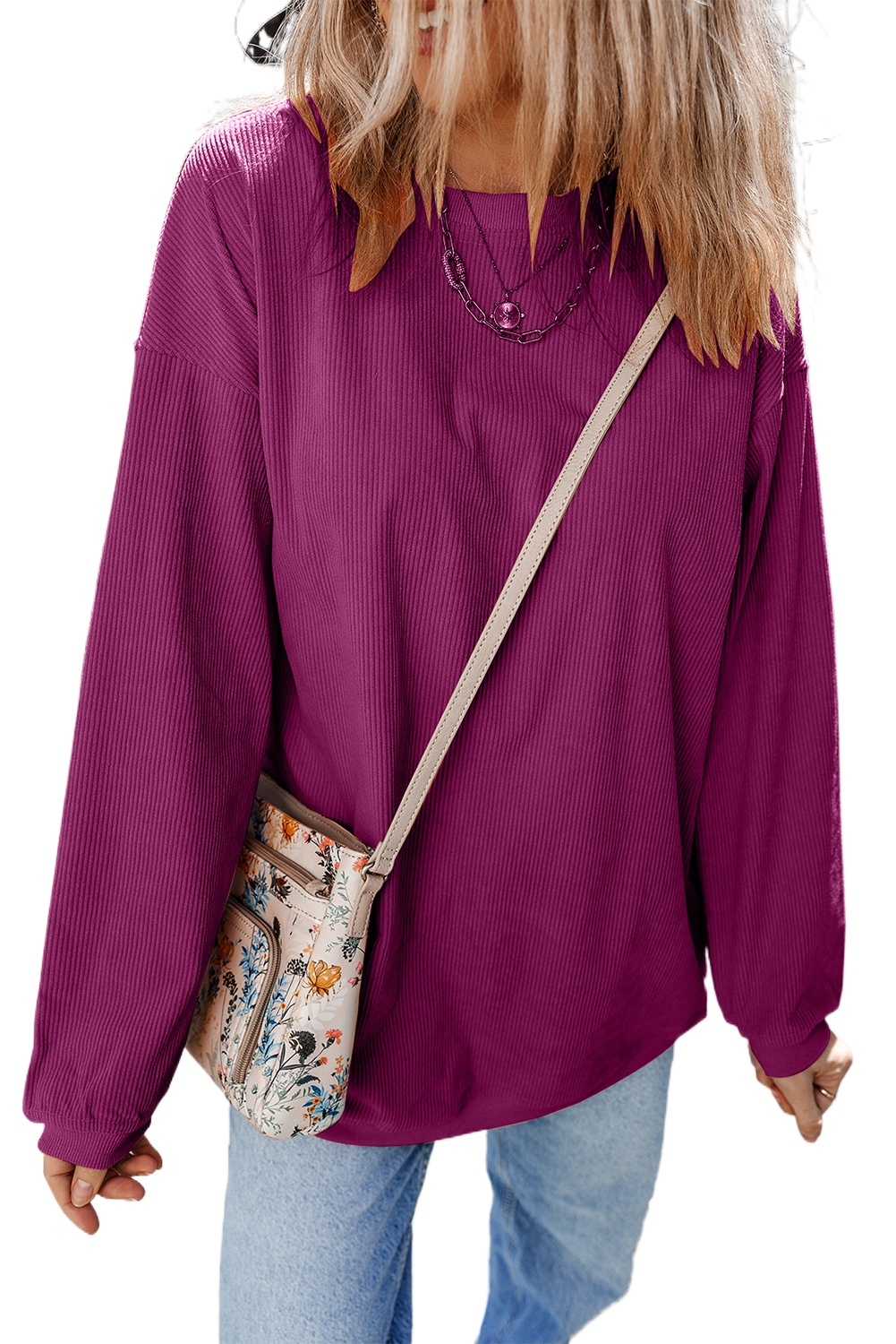 Women's Festival Fuchsia Ribbed Corduroy Oversized Sweatshirt - Main View Women's Festival Fuchsia Ribbed Corduroy Oversized Sweatshirt - Main View