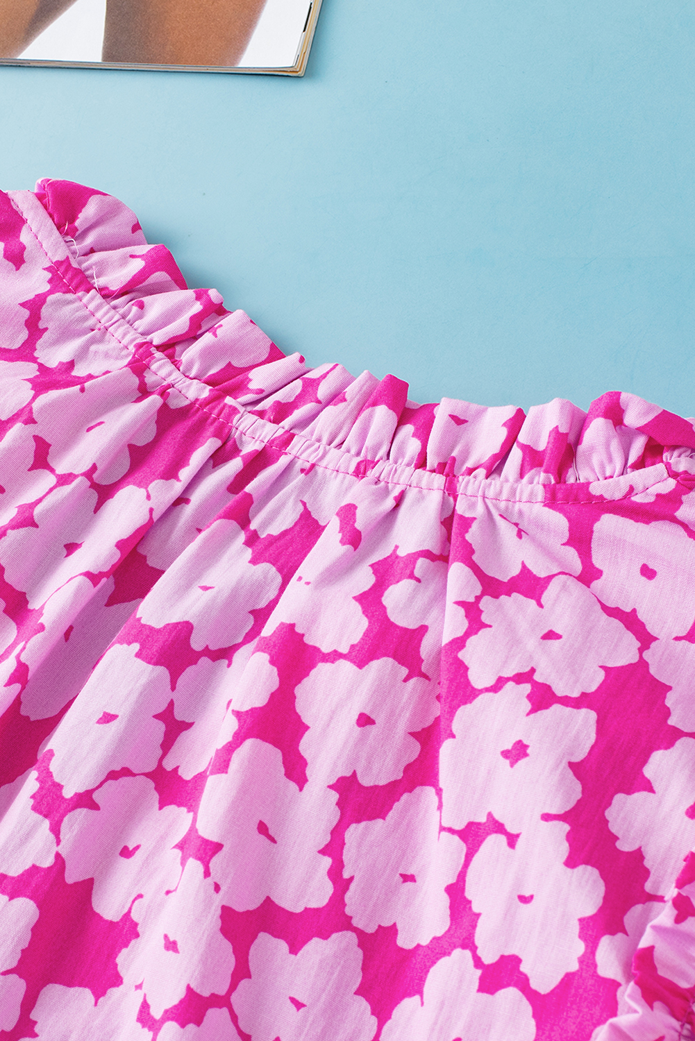 Women's Pink Floral V-Neck Ruffle Sleeve Blouse with Ric Rac Detail - Detail View 16 Women's Pink Floral V-Neck Ruffle Sleeve Blouse with Ric Rac Detail - Detail View 16