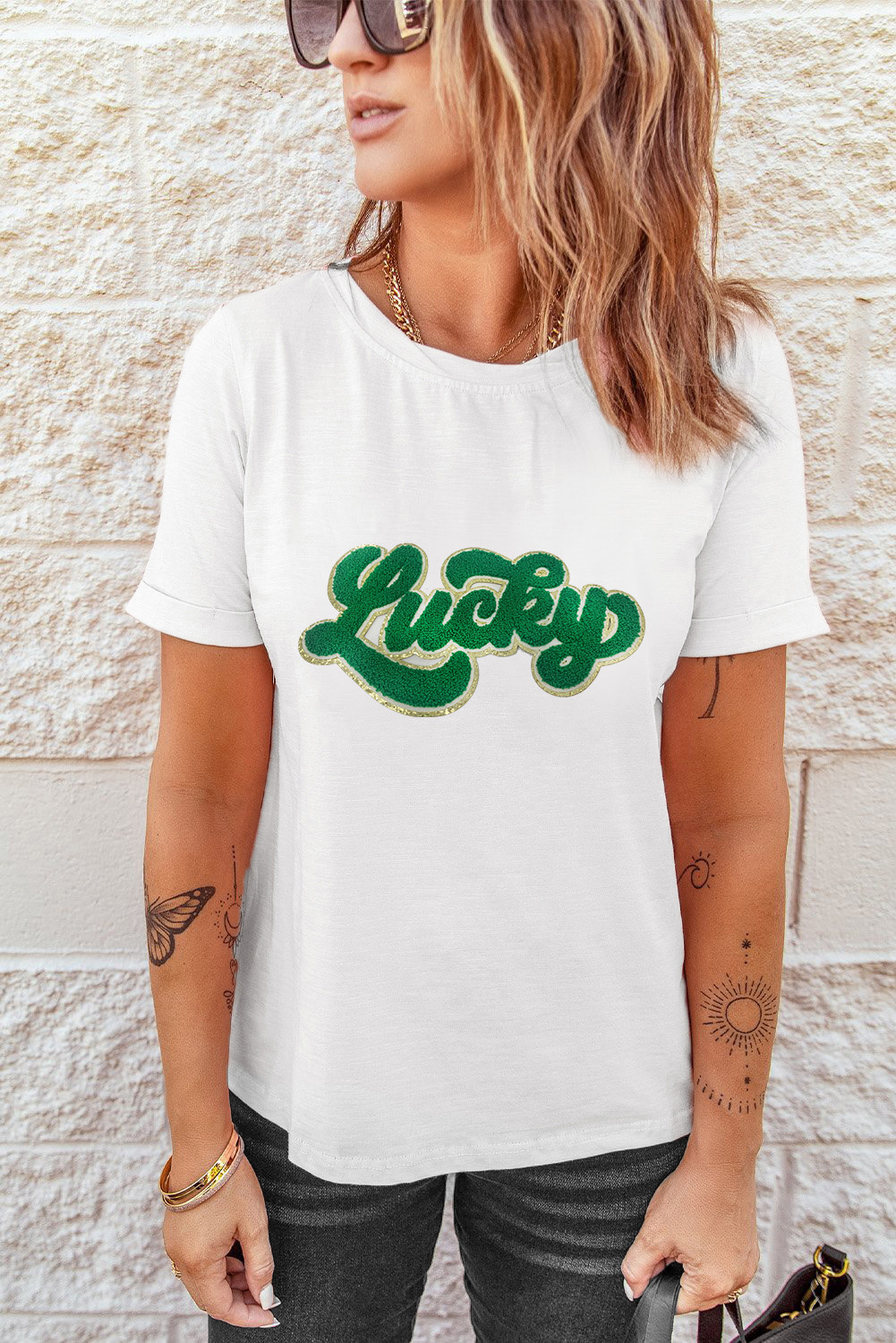 Women's Lucky Graphic T Shirt, St Patrick's Day Chenille Tee - Detail View 7 Women's Lucky Graphic T Shirt, St Patrick's Day Chenille Tee - Detail View 7