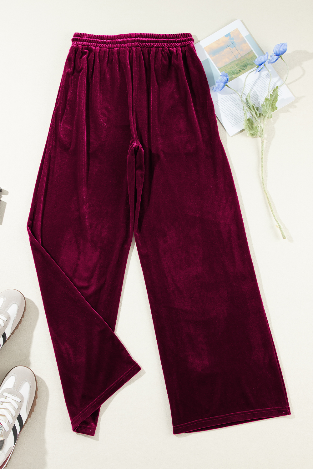 Stylish High Waist Wide Leg Pants - Burgundy Solid Color - Detail View 17 Stylish High Waist Wide Leg Pants - Burgundy Solid Color - Detail View 17