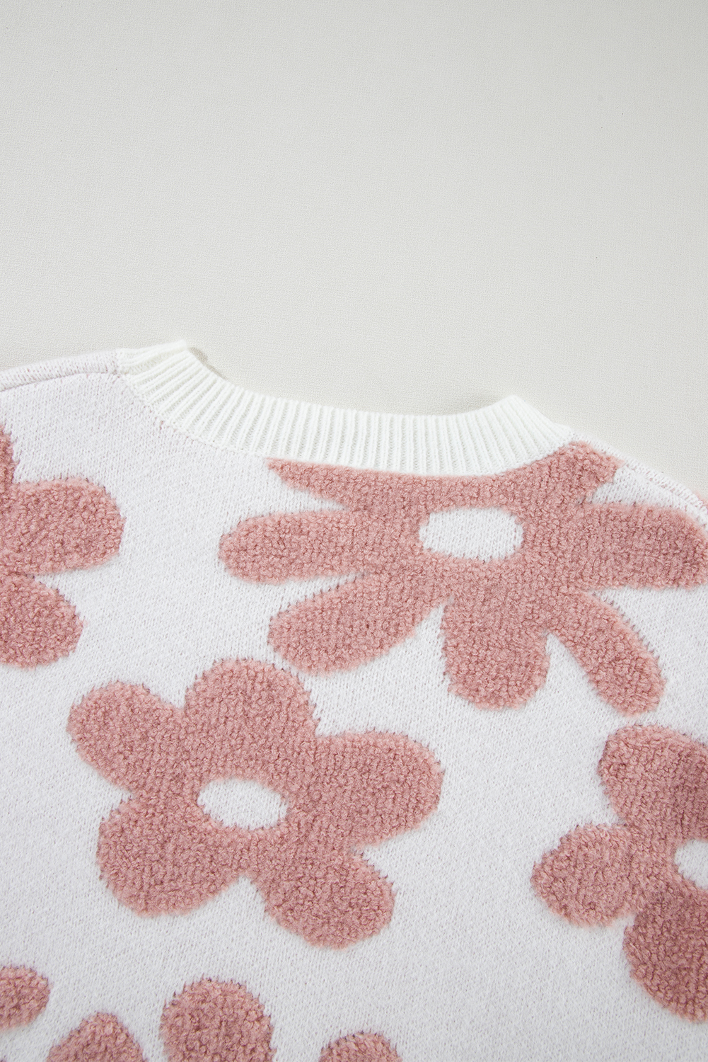 Cozy Round Neck Knit Sweater: White Floral Pattern, Relaxed Fit - Detail View 12 Cozy Round Neck Knit Sweater: White Floral Pattern, Relaxed Fit - Detail View 12