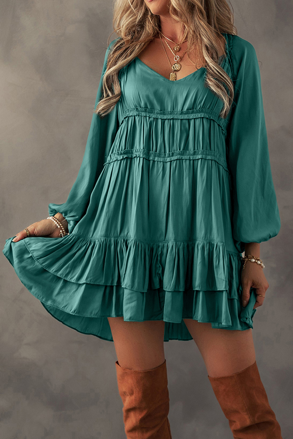 Women's Mini Dress, Mist Green, Tiered Ruffles, Puff Sleeves, Loose Fit, Short Dress, Casual Wear, Elegant Style, Playful Look, Vintage Charm, Comfortable Silhouette, A-Line, Sweetheart Neckline, Fall Fashion, Party Dress, Daily Wear - Detail View 4 Women's Mini Dress, Mist Green, Tiered Ruffles, Puff Sleeves, Loose Fit, Short Dress, Casual Wear, Elegant Style, Playful Look, Vintage Charm, Comfortable Silhouette, A-Line, Sweetheart Neckline, Fall Fashion, Party Dress, Daily Wear - Detail View 4