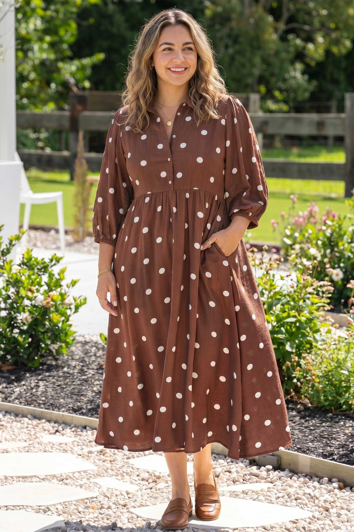 Casual V Neck Polka Dot Dress, Flowy Women Long Autumn Wear - Detail View 3 Casual V Neck Polka Dot Dress, Flowy Women Long Autumn Wear - Detail View 3
