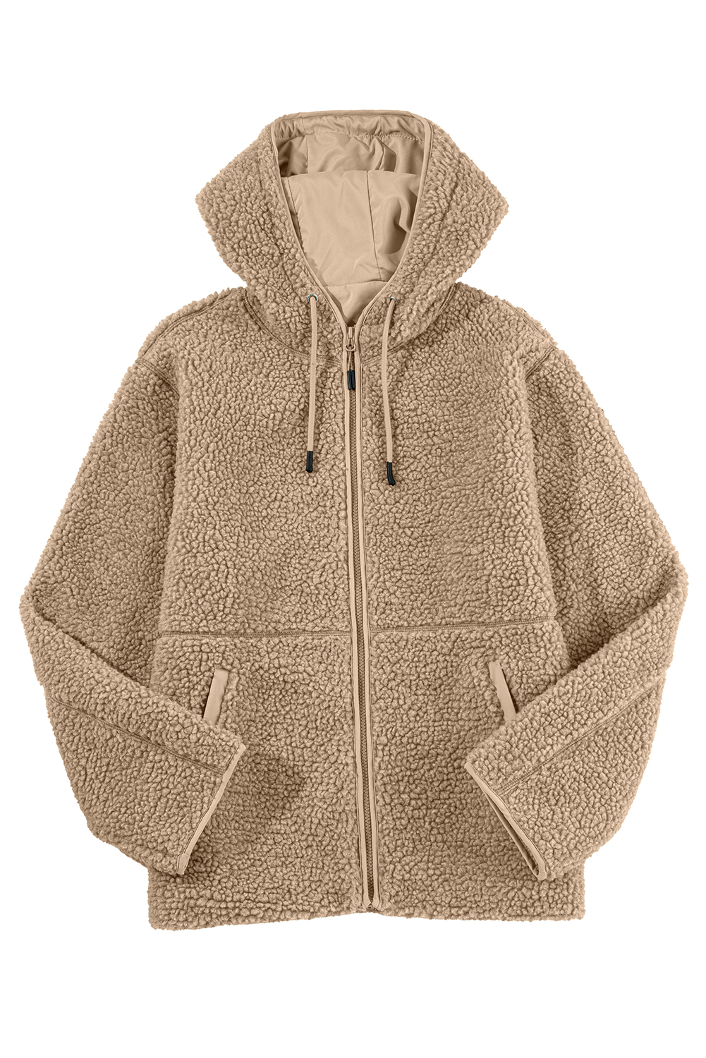 Casual Long Sleeve Fleece Jacket - Cozy Pale Khaki Zip Up for Winter - Detail View 22 Casual Long Sleeve Fleece Jacket - Cozy Pale Khaki Zip Up for Winter - Detail View 22