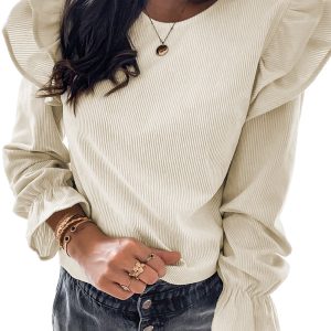 Women's Elegant Beige Ruffled Flounce Sleeve Corduroy Blouse - Main View