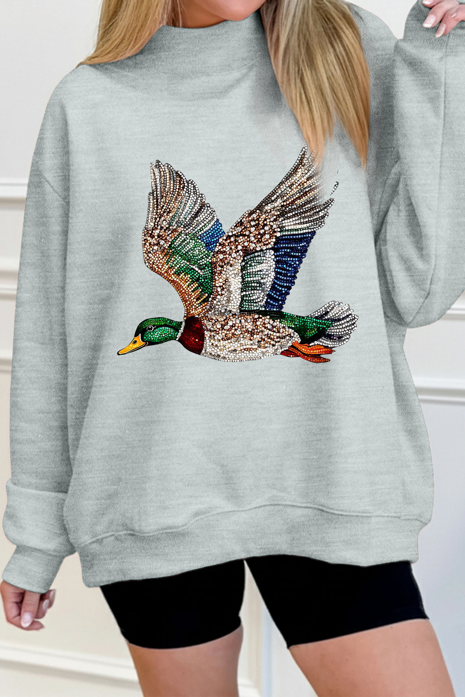 Graphic Mock Neck Sweatshirt, Gray Western Mallard Duck Print - Detail View 5 Graphic Mock Neck Sweatshirt, Gray Western Mallard Duck Print - Detail View 5