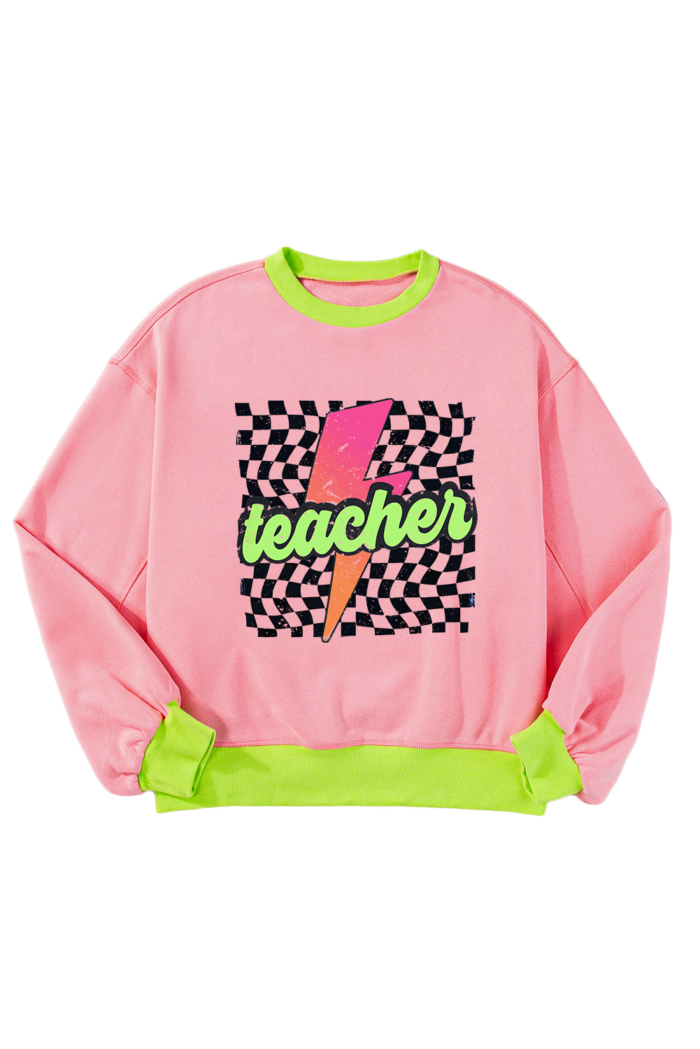 Stylish and Comfortable Sweatshirt - Pink Teacher Logo with Lightning Checkered Print - Detail View 7 Stylish and Comfortable Sweatshirt - Pink Teacher Logo with Lightning Checkered Print - Detail View 7