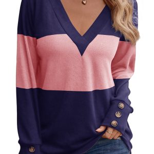 Women's Blue Stripe Colorblock Long Sleeve V Neck Top - Main View