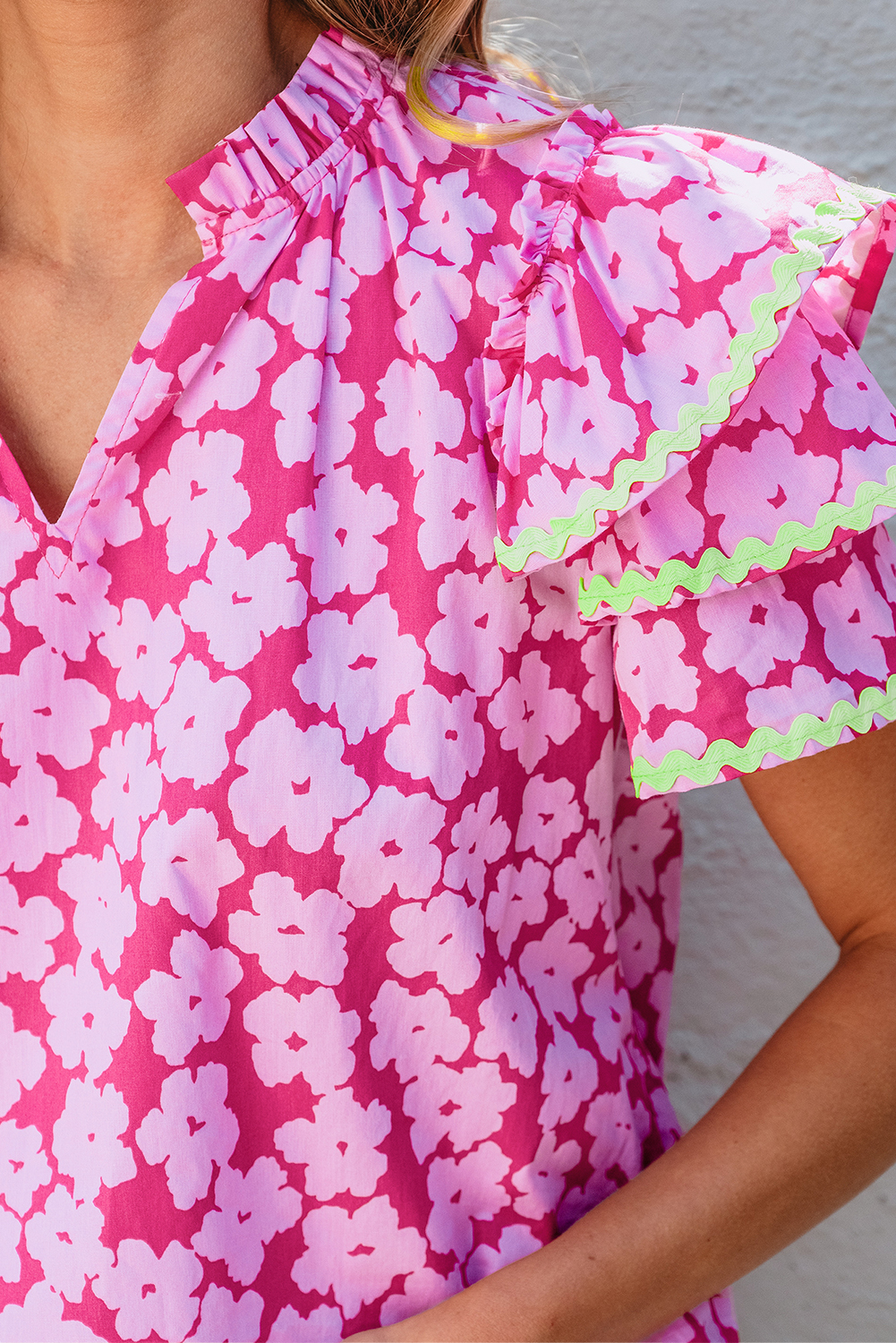 Stylish Short Sleeve Blouse: Pink Floral Print with Tiered Ruffle Detail - Detail View 7 Stylish Short Sleeve Blouse: Pink Floral Print with Tiered Ruffle Detail - Detail View 7