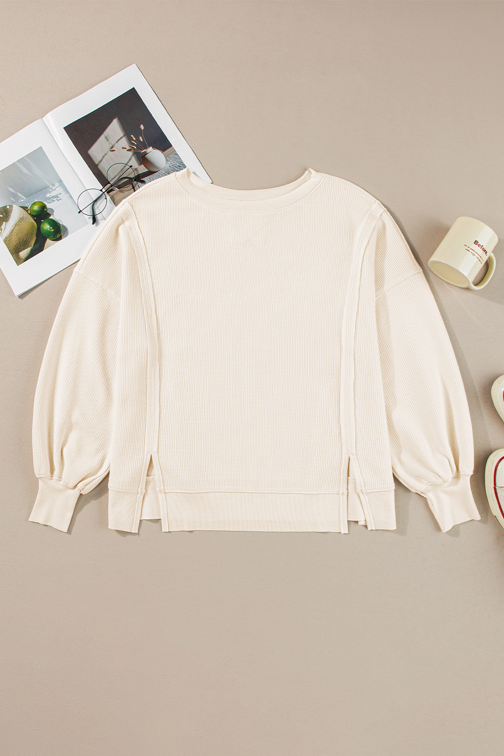 Women's White Waffle Knit Bishop Sleeve Oversized Sweatshirt - Detail View 6 Women's White Waffle Knit Bishop Sleeve Oversized Sweatshirt - Detail View 6