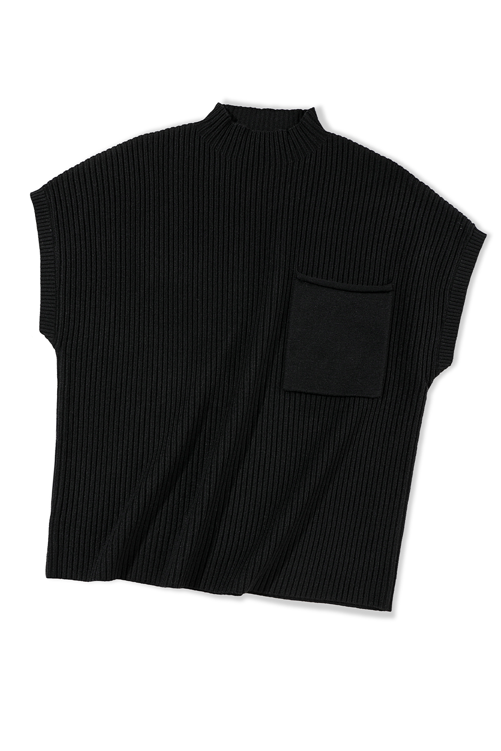 Casual Black High Neck Sweater, Women's Pocket Ribbed Knit - Detail View 2 Casual Black High Neck Sweater, Women's Pocket Ribbed Knit - Detail View 2