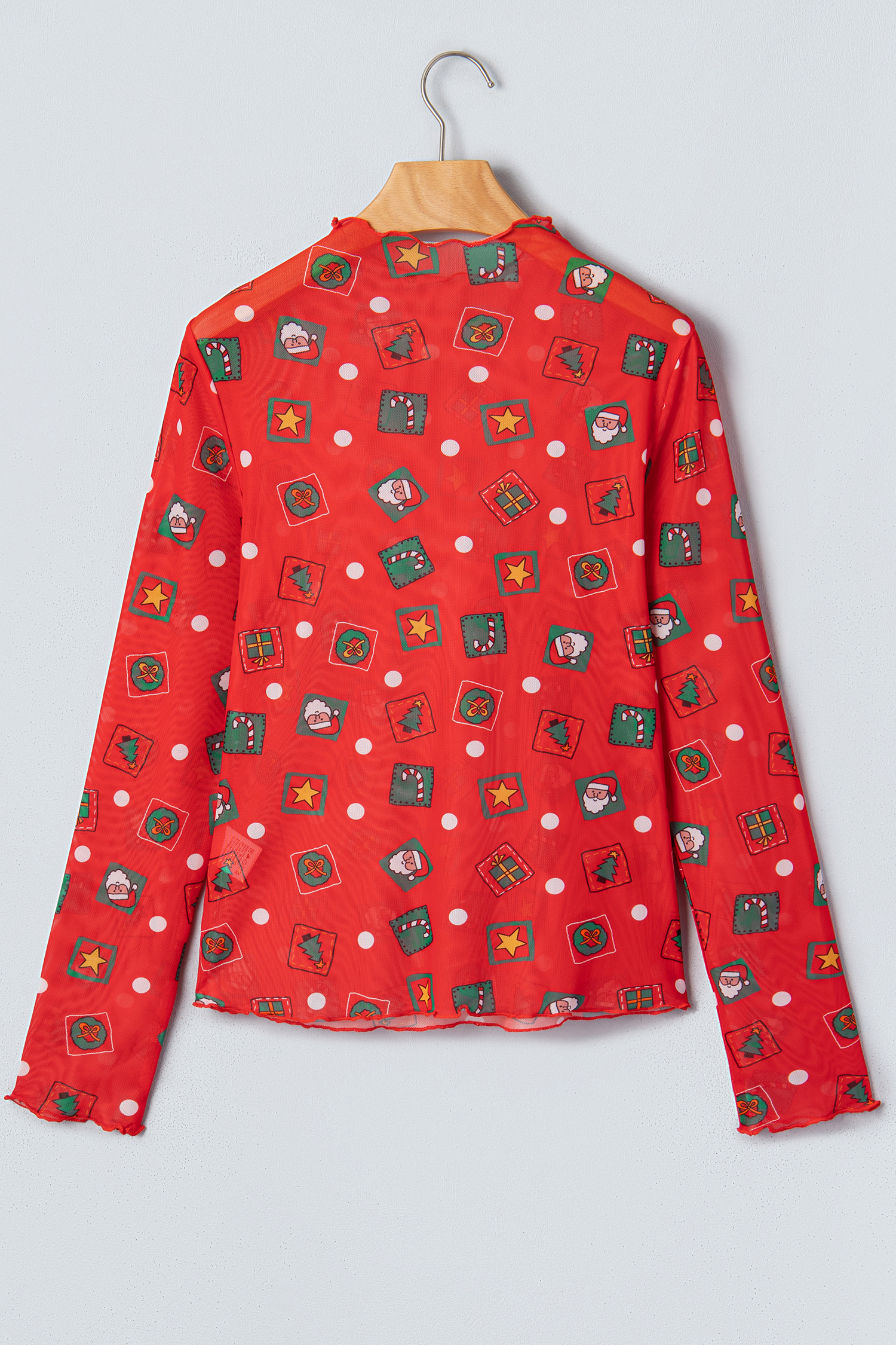 Women's Red Printed Top, Holiday Sheer Mesh Tee - Detail View 5 Women's Red Printed Top, Holiday Sheer Mesh Tee - Detail View 5
