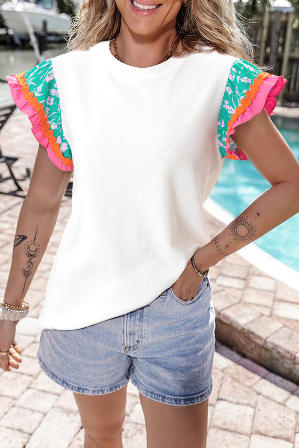 Women's Floral Ruffle Sleeve Top, Casual Round Neck Blouse - Detail View 7 Women's Floral Ruffle Sleeve Top, Casual Round Neck Blouse - Detail View 7