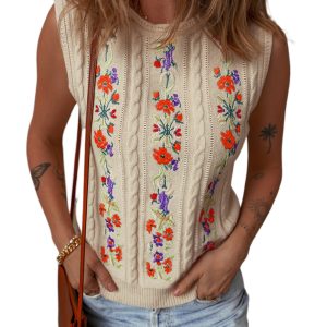 Women's Jet Stream Embroidered Floral Cable Knit Sweater Vest for Elegant Layering - Main View