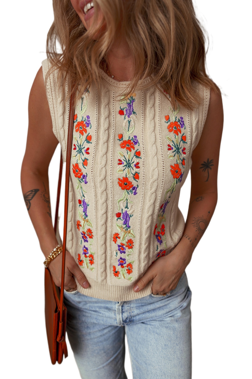 Women's Jet Stream Embroidered Floral Cable Knit Sweater Vest for Elegant Layering - Main View Women's Jet Stream Embroidered Floral Cable Knit Sweater Vest for Elegant Layering - Main View