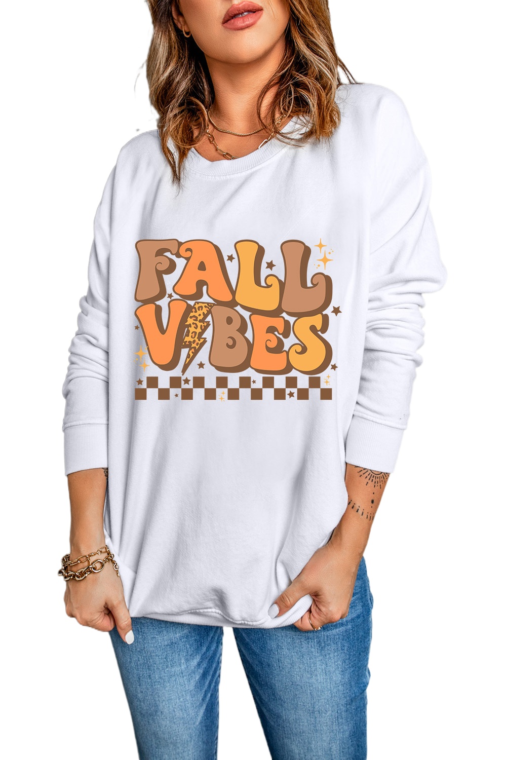 Women's Beige Fall Vibes Graphic Drop Shoulder Sweatshirt - Main View Women's Beige Fall Vibes Graphic Drop Shoulder Sweatshirt - Main View