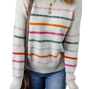 Women's White Colorful Striped Ribbed Trim Sweater - Main View