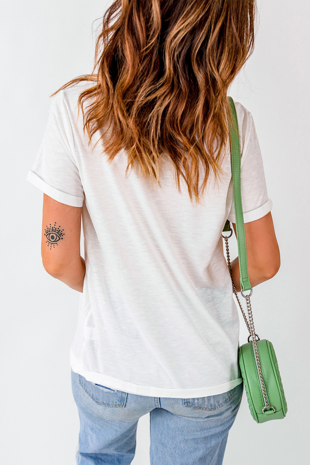 Women's White Large Rose Print Round Neck Short Sleeve Graphic T-Shirt - Detail View 6 Women's White Large Rose Print Round Neck Short Sleeve Graphic T-Shirt - Detail View 6