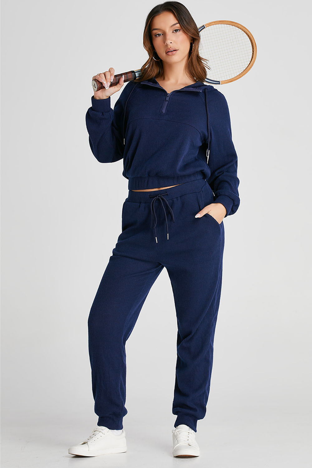 Women's Navy Blue Ribbed Knit Cropped Hoodie and Joggers Set - Detail View 6 Women's Navy Blue Ribbed Knit Cropped Hoodie and Joggers Set - Detail View 6