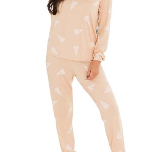 Women's Apricot Christmas Tree Print Loose Fit Two Piece Pajama Set - Main View