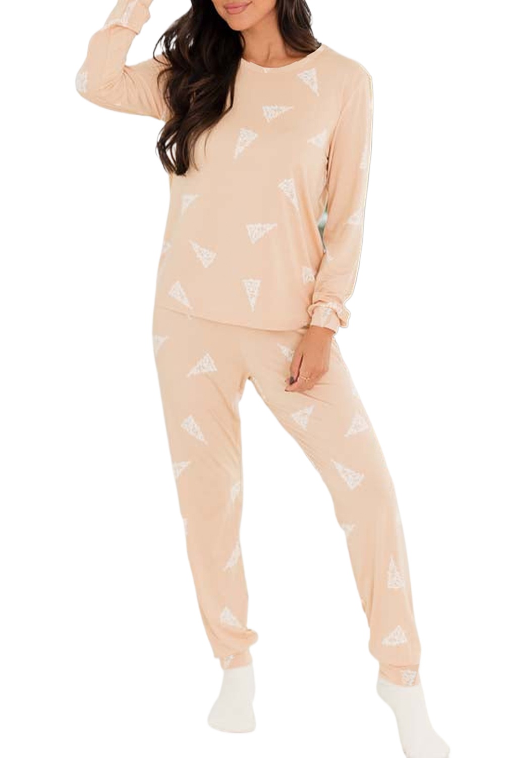 Women's Apricot Christmas Tree Print Loose Fit Two Piece Pajama Set - Main View Women's Apricot Christmas Tree Print Loose Fit Two Piece Pajama Set - Main View