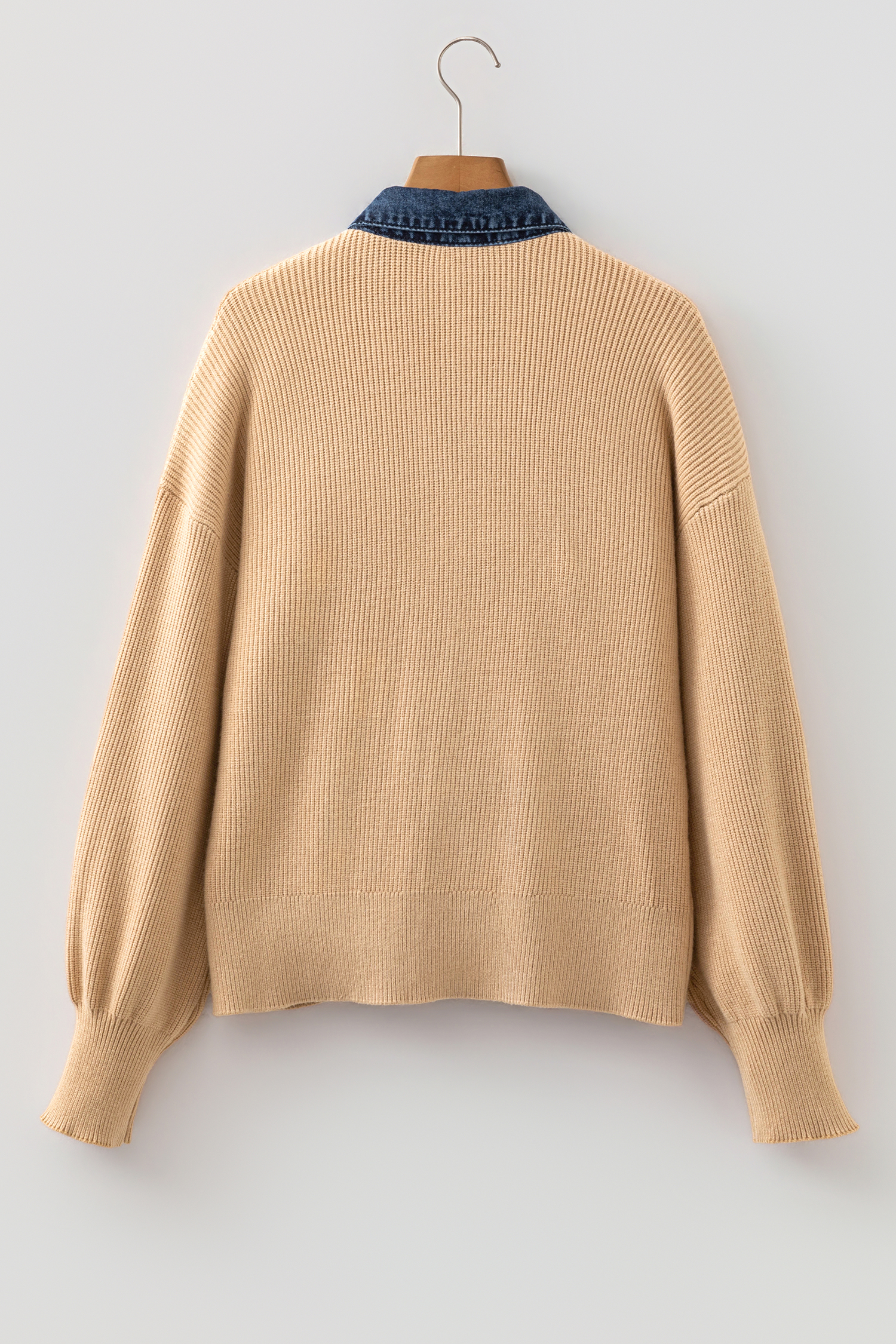 Women's Contrast Panel Cardigan, Chic Shirt Collar Sweater - Detail View 17 Women's Contrast Panel Cardigan, Chic Shirt Collar Sweater - Detail View 17