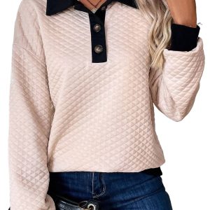 Women's Oatmeal Textured Colorblock Edge Buttoned Collar Sweatshirt - Main View