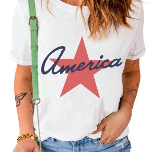 Women's White America Star Shape Print O Neck Loose Fit T-Shirt - Main View