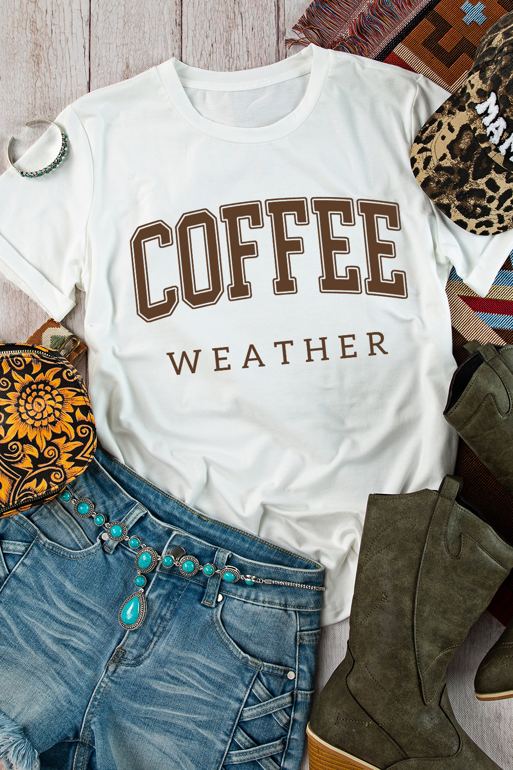Women's White COFFEE WEATHER Round Neck Graphic T-Shirt for Coffee Lovers - Detail View 9 Women's White COFFEE WEATHER Round Neck Graphic T-Shirt for Coffee Lovers - Detail View 9