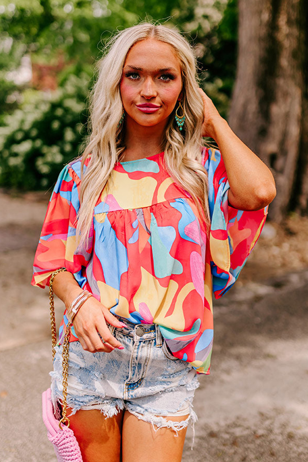 Vibrant Multicolor Peplum Blouse, Round Neck Summer Top - Detail View 5 Vibrant Multicolor Peplum Blouse, Round Neck Summer Top - Detail View 5