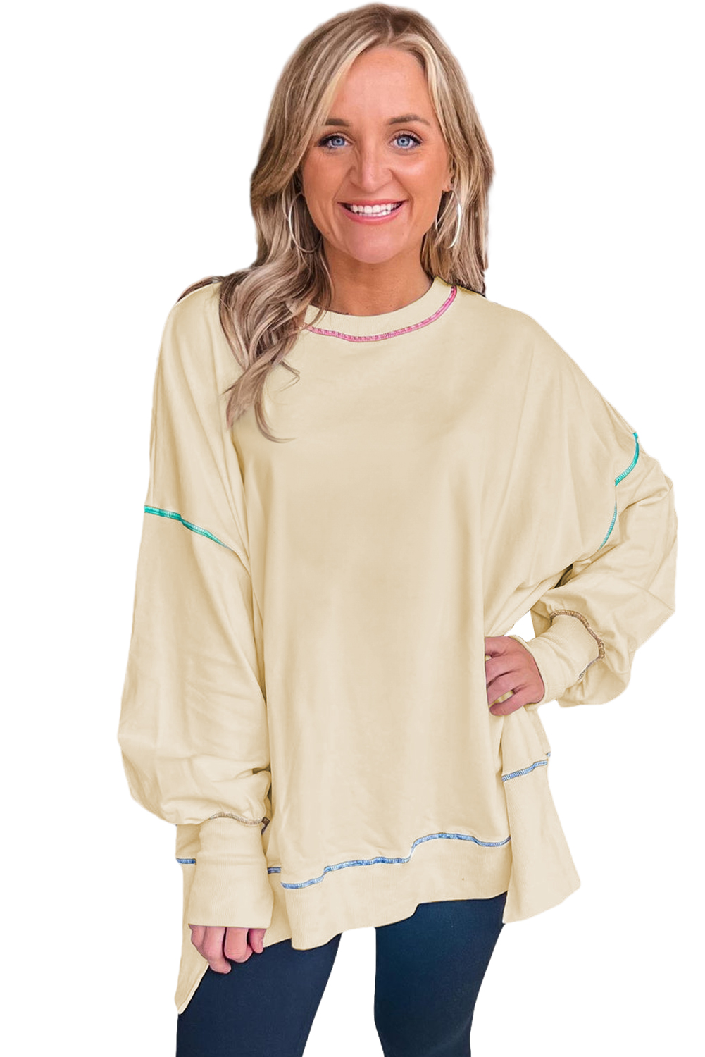 Women's Contrast Stitch Sweatshirt, Casual Long Sleeve Top - Main View Women's Contrast Stitch Sweatshirt, Casual Long Sleeve Top - Main View